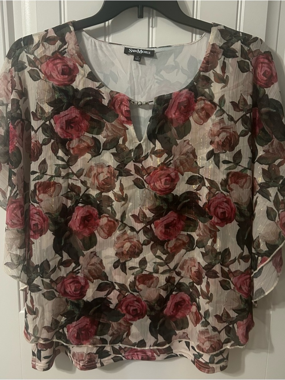 Sara Michelle Rose Print Sheer Blouse in Pink and Green
